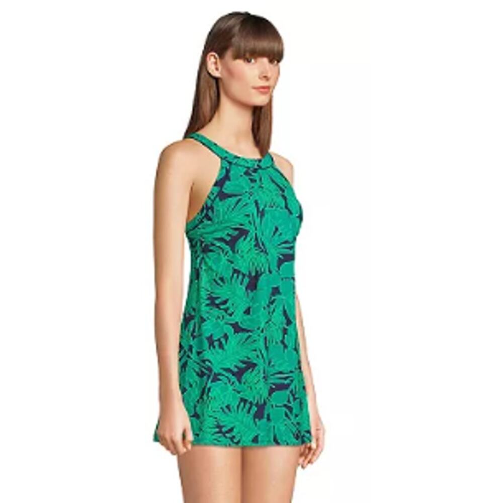 NEW Lands' End 10P High Neck Swim Dress 1 Piece Swimsuit Green Palm Print